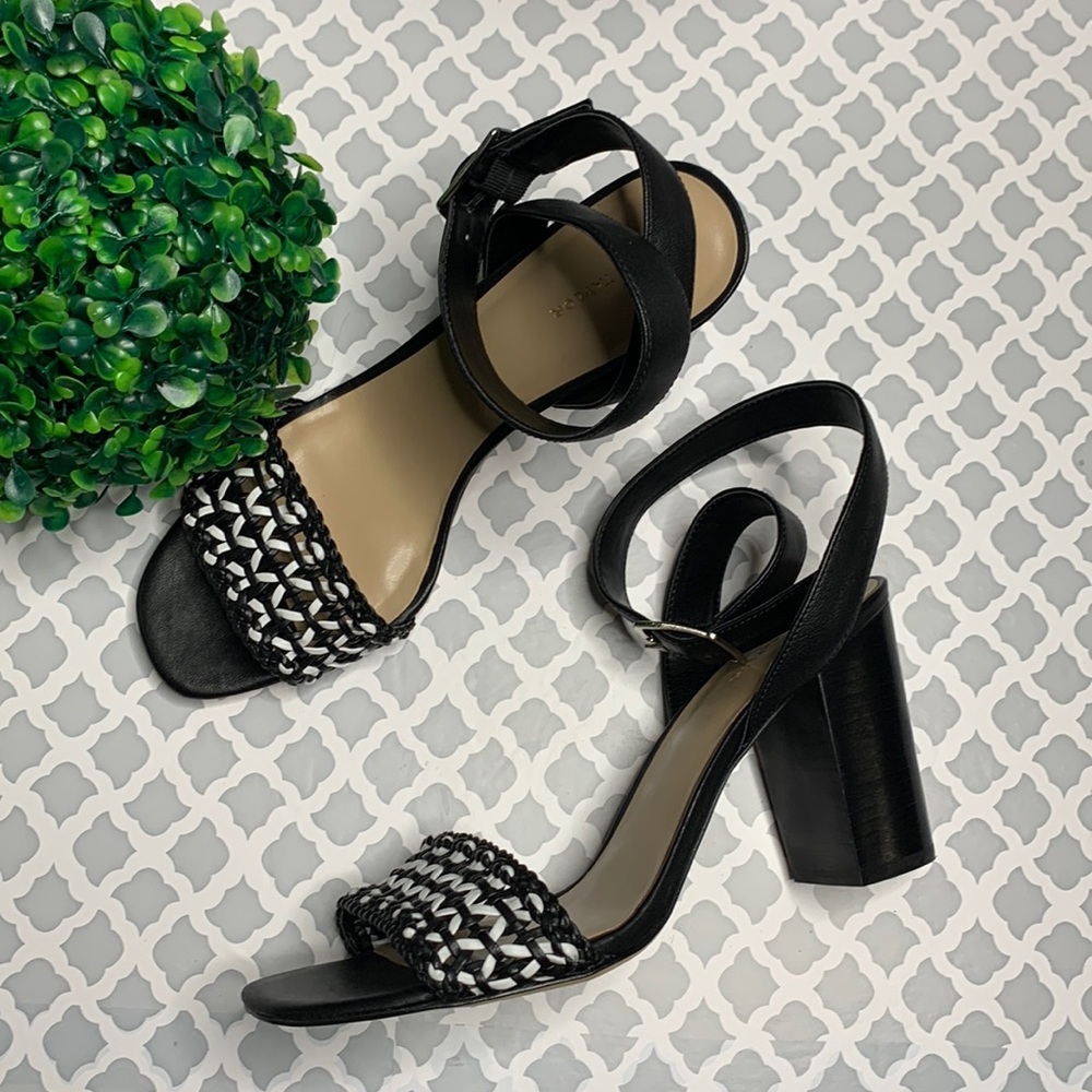 ANN TAYLOR Corey Leather Block Heel Sandals In Black Multi Size 9.5